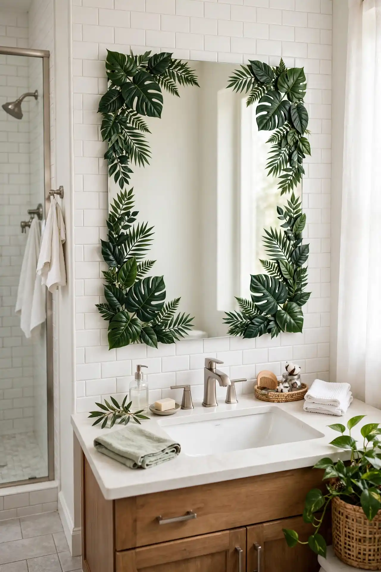 12. Apply Botanical and Jungle Leaf Prints Around Bathroom Mirrors