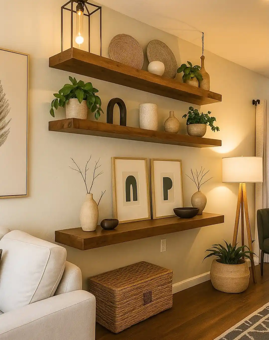 15 Small Living Room Decor Ideas That Feel Luxurious on a Budget 15 14. Install Floating Wood Shelves for Vertical Storage and Display
