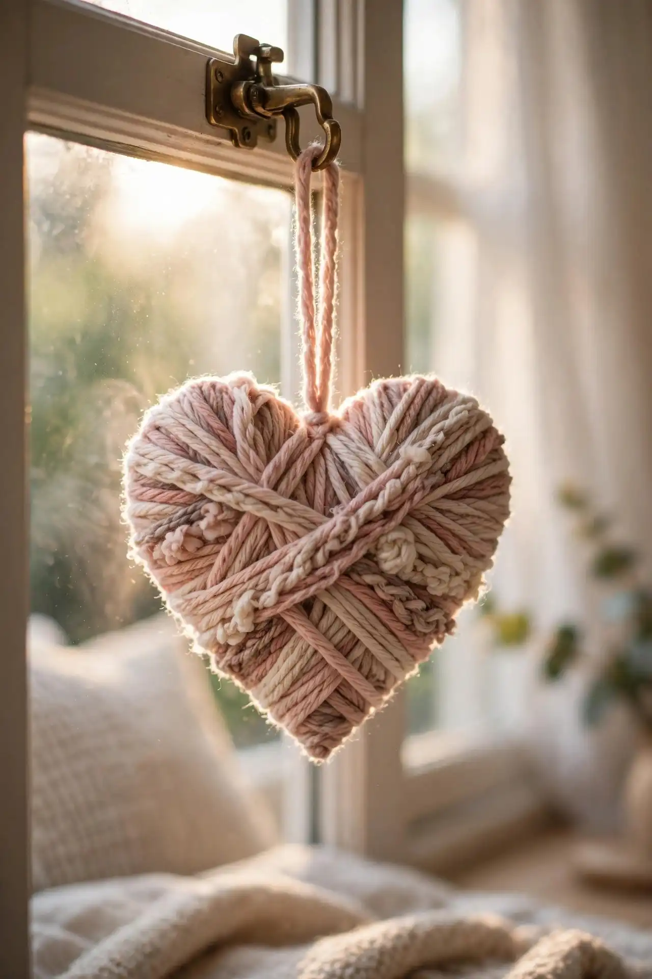 8. Yarn-Wrapped Heart Suncatchers