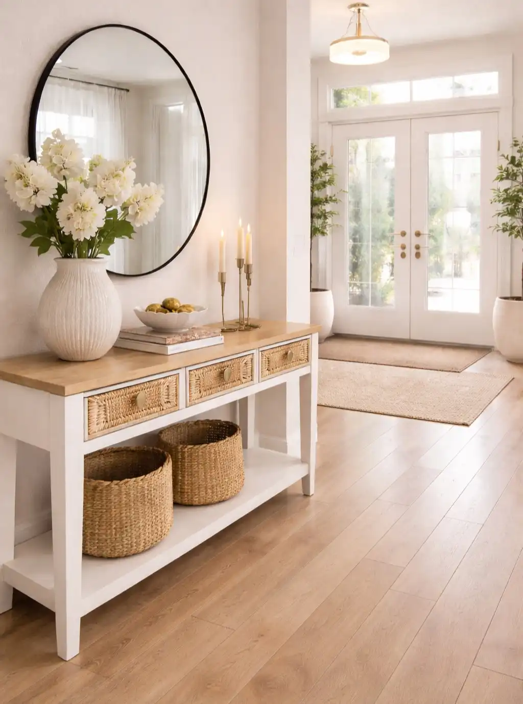 4. Rattan Drawer Fronts Give a Plain White Console Real Texture