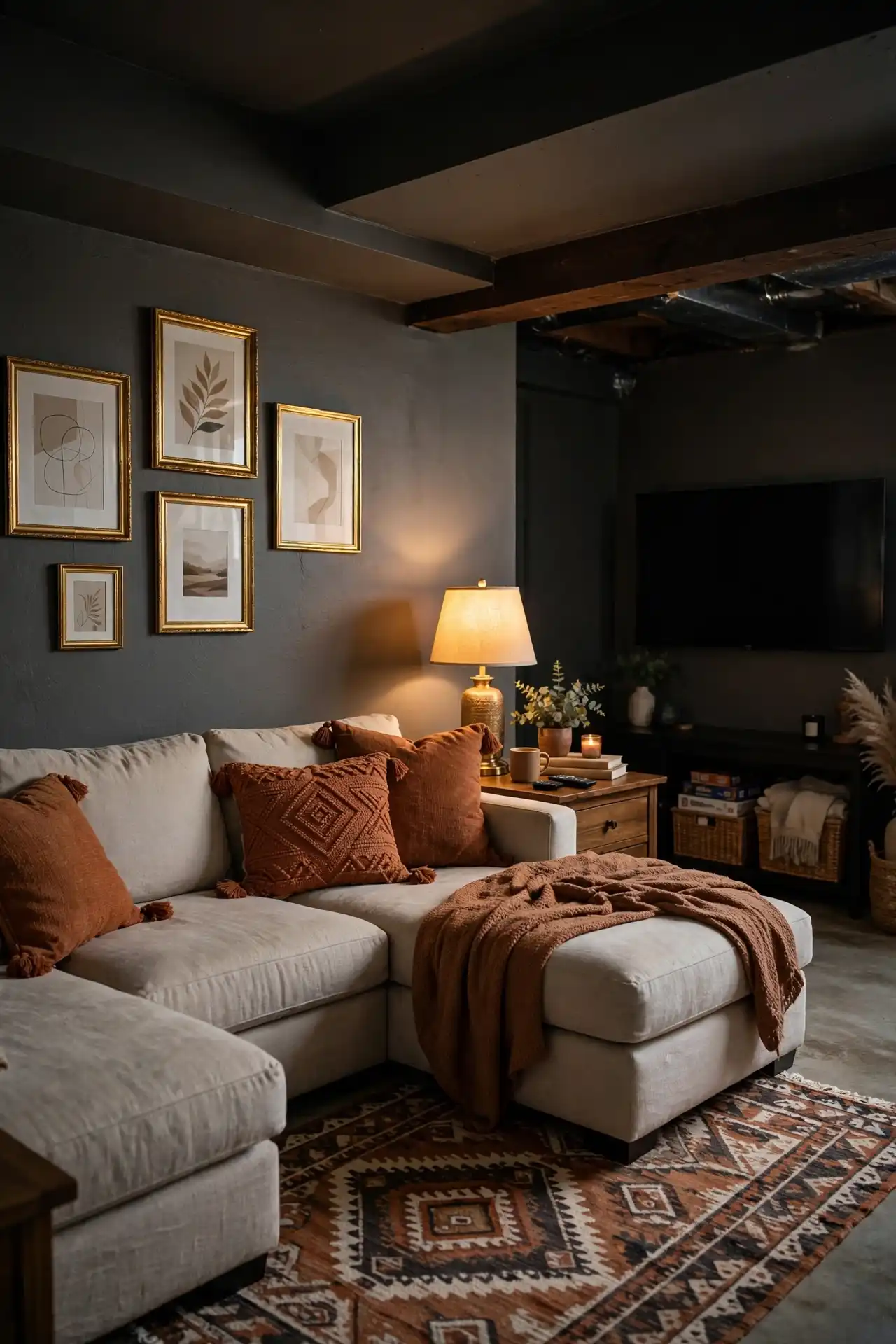 14 Afrocentric Color Palette Ideas for Every Room in Your Home 14 A Basement or Media Room Palette in Charcoal, Gold, and Rust