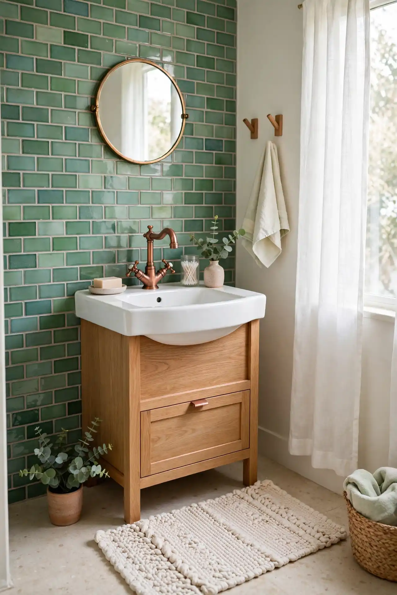 14 Afrocentric Color Palette Ideas for Every Room in Your Home 8 A Bathroom Palette Built on Sea Glass Green and Copper