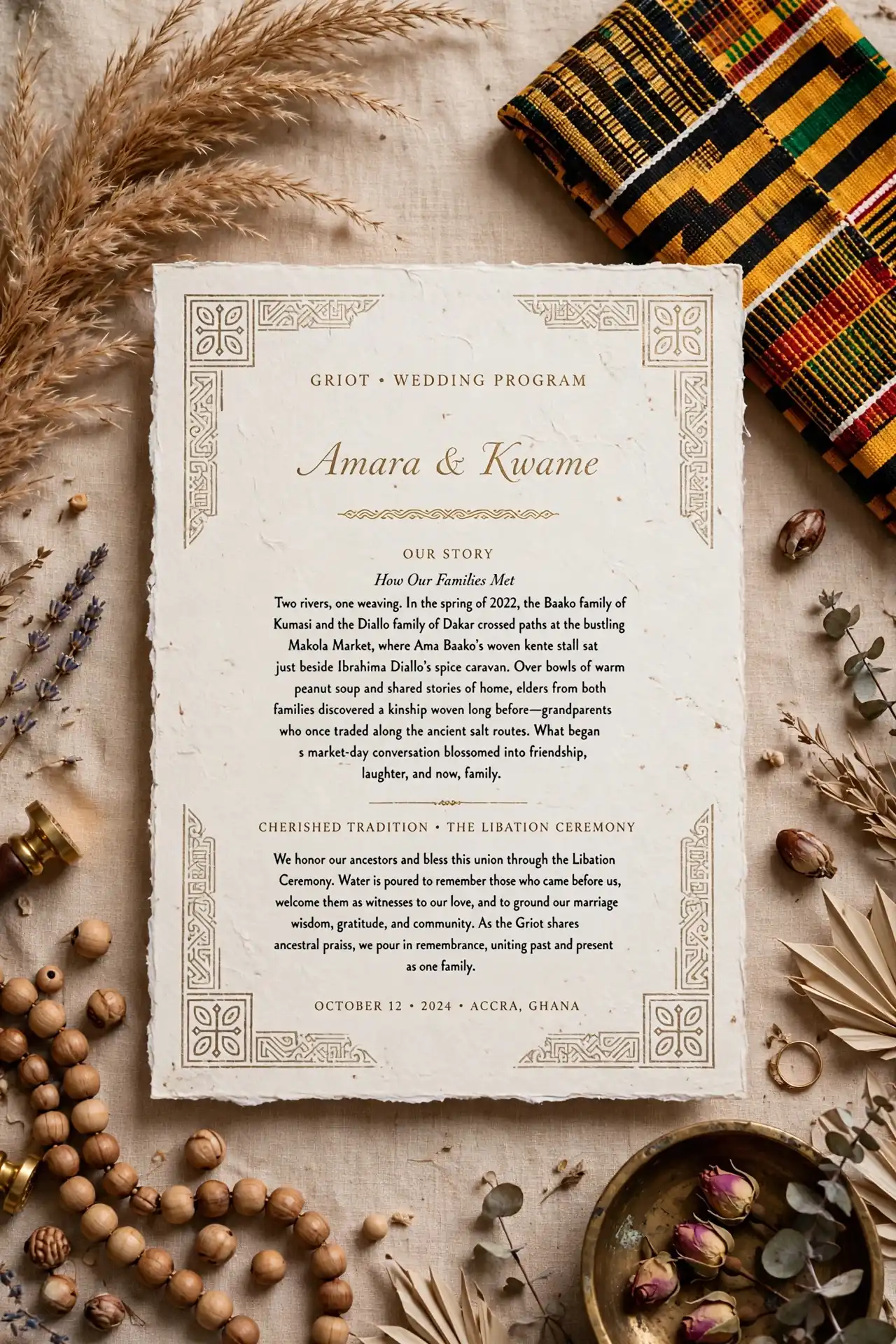 20 Afrocentric Wedding Decor Ideas for a Celebration Rooted in Heritage 18 A Griot-Style Program Card That Tells Your Story
