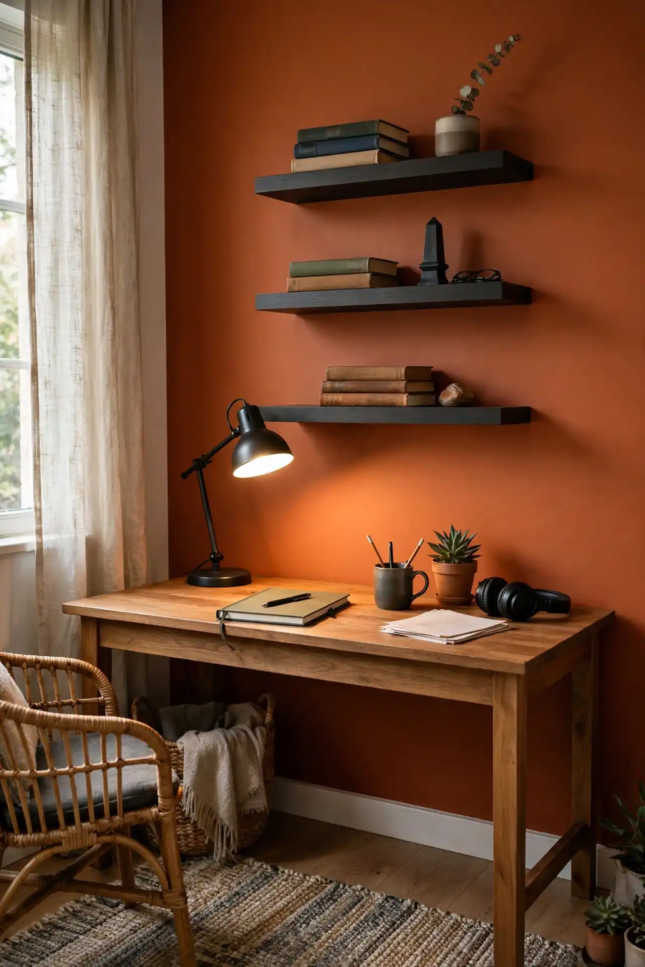 14 Afrocentric Color Palette Ideas for Every Room in Your Home 5 A Home Office Palette Built for Focus with Burnt Orange and Charcoal