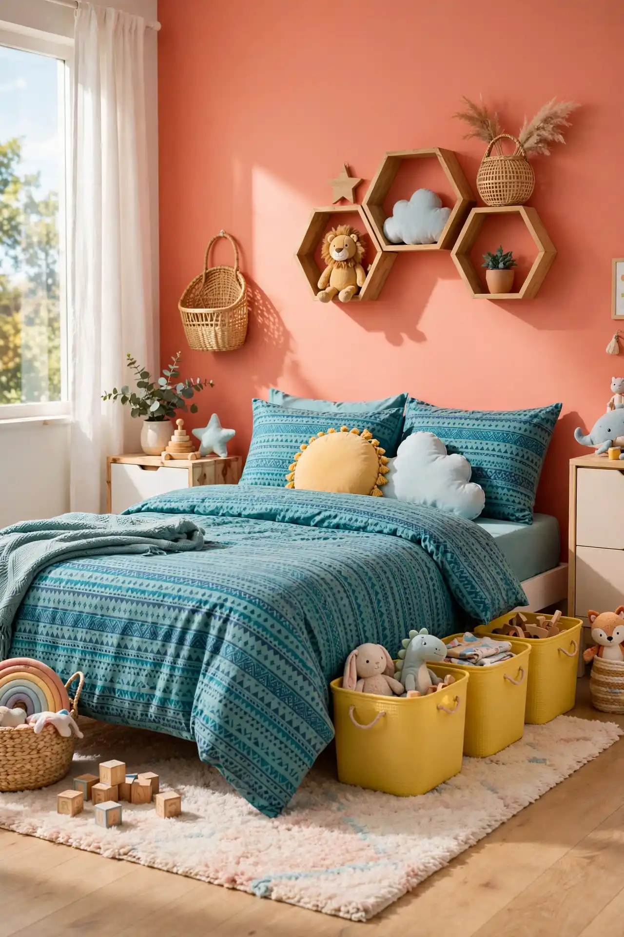 14 Afrocentric Color Palette Ideas for Every Room in Your Home 9 A Kids’ Room Palette in Bright Coral, Teal, and Sunshine Yellow