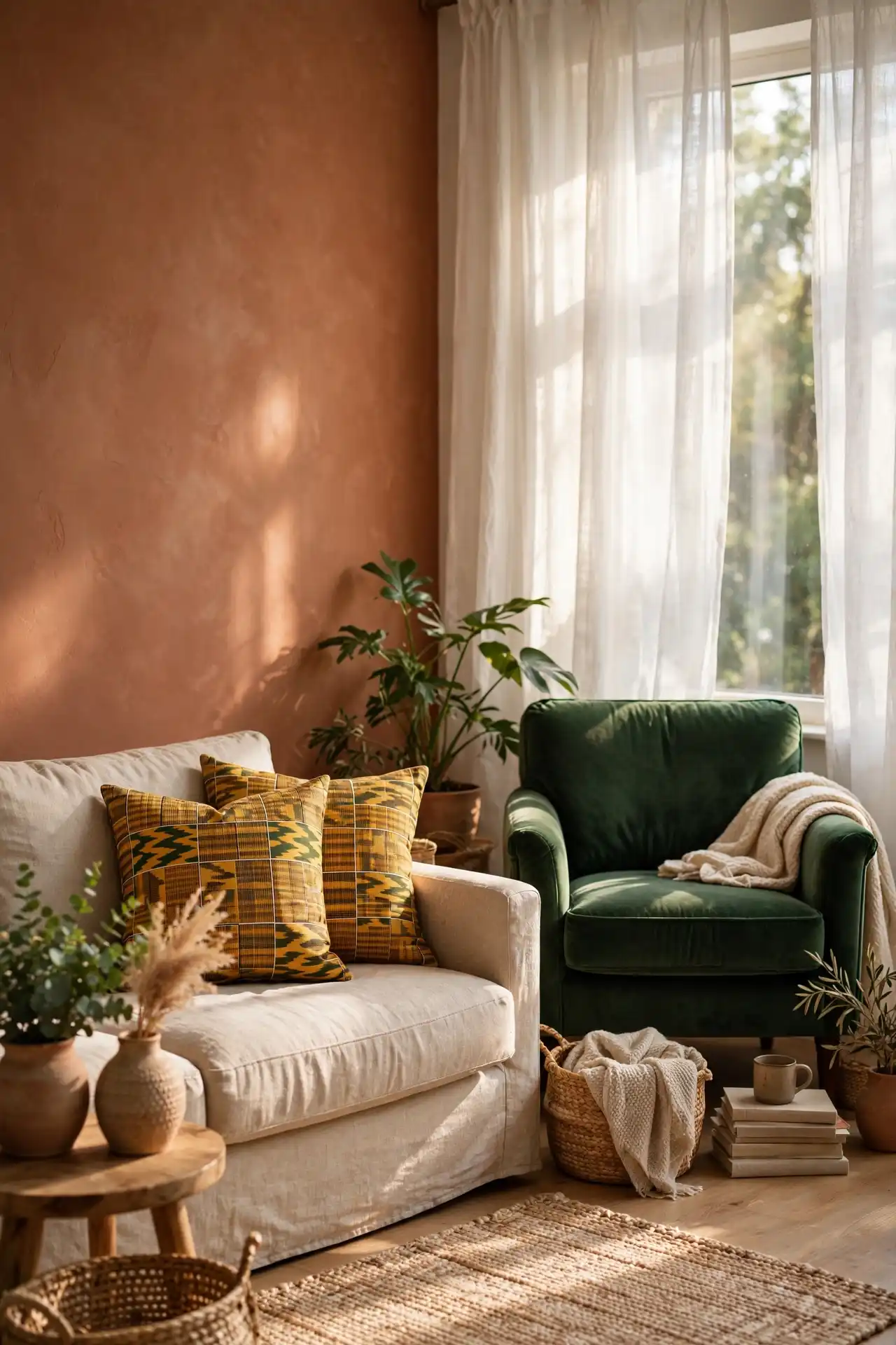 14 Afrocentric Color Palette Ideas for Every Room in Your Home 2 A Living Room Palette Built on Kente Gold, Terracotta, and Forest Green