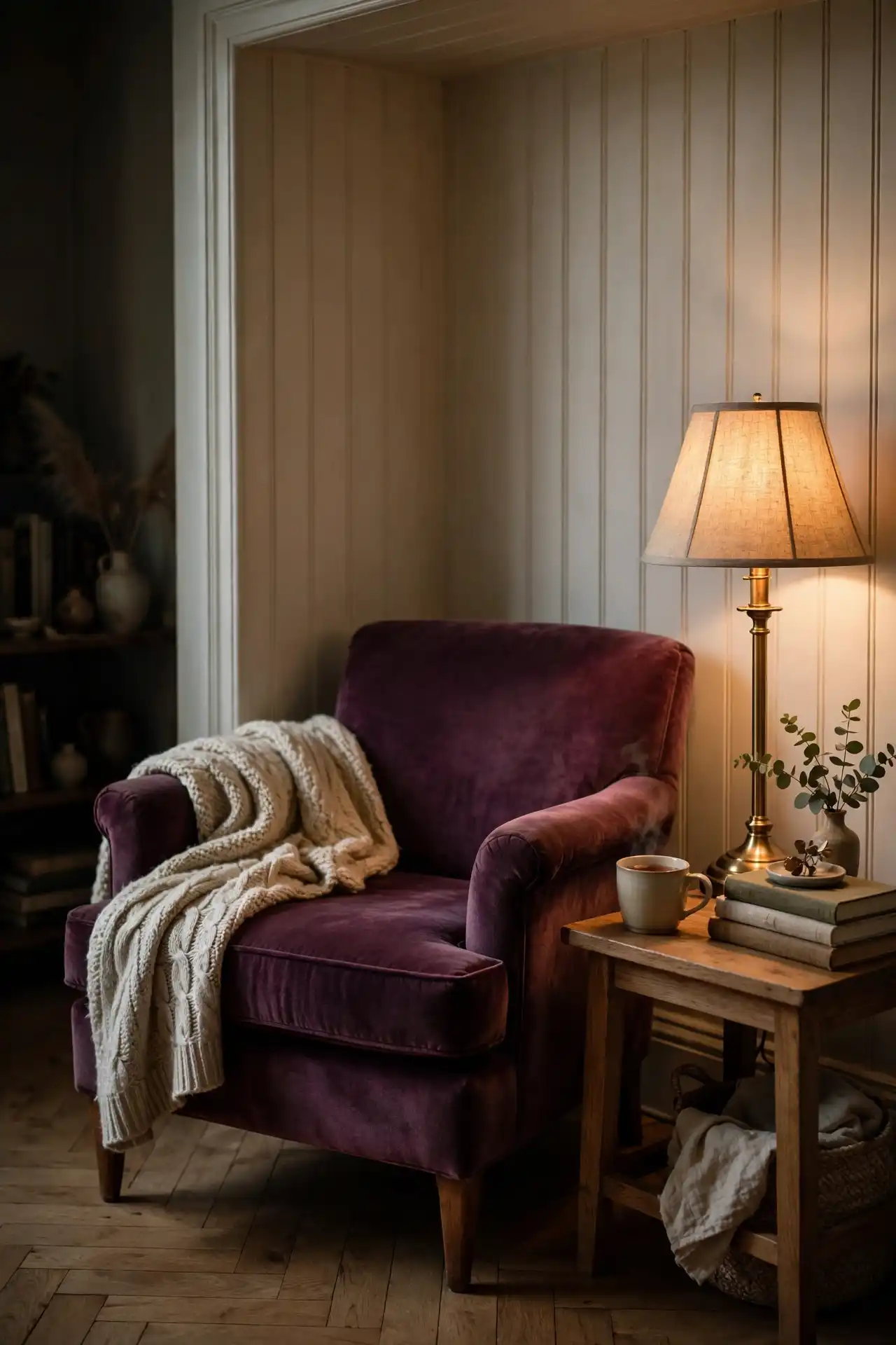 14 Afrocentric Color Palette Ideas for Every Room in Your Home 11 A Reading Nook Palette Anchored in Deep Plum and Brass