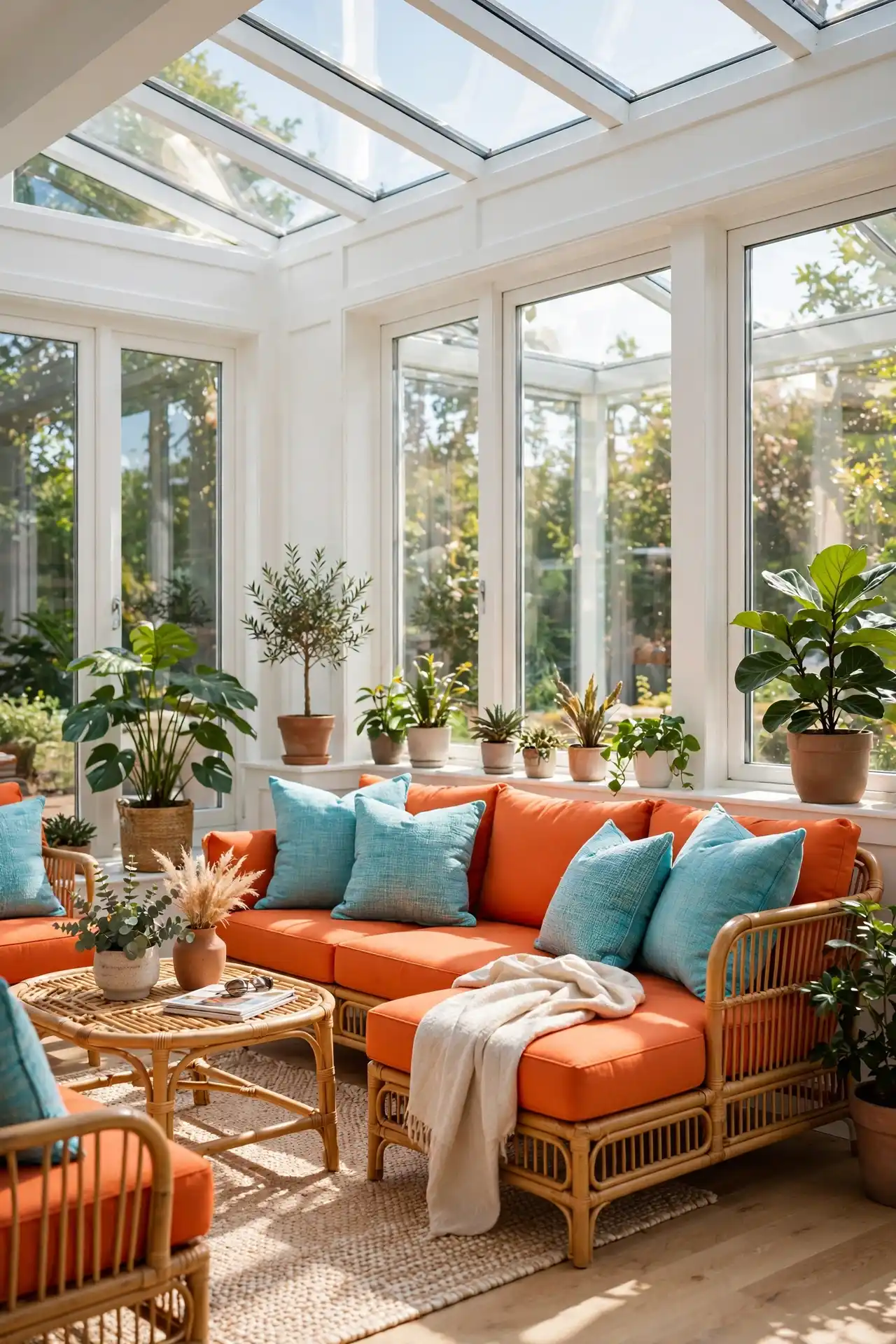 14 Afrocentric Color Palette Ideas for Every Room in Your Home 13 A Sunroom Palette That Mixes Vibrant Orange, Turquoise, and White