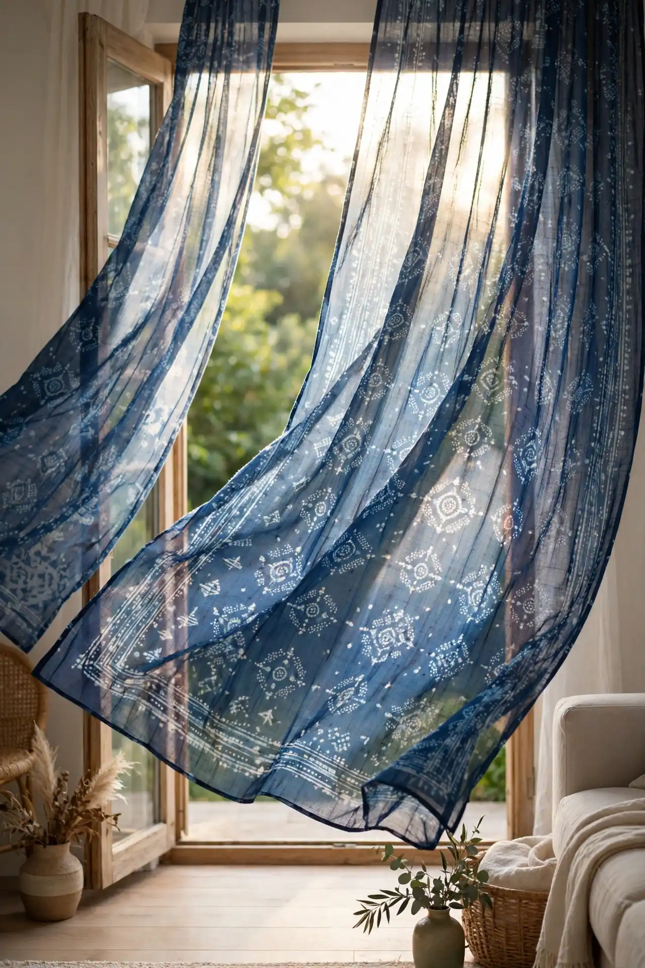 Adire-print sheer curtains