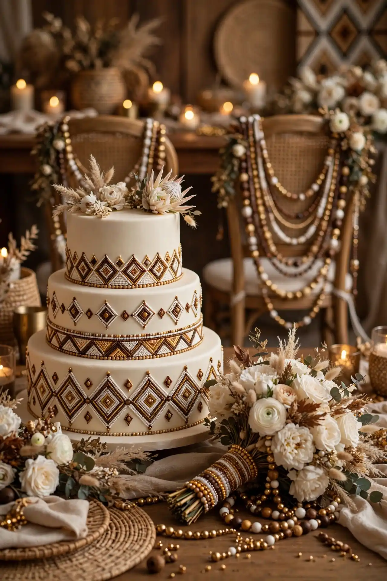 20 Afrocentric Wedding Decor Ideas for a Celebration Rooted in Heritage 20 Beaded Details on the Cake, Bouquet, or Chair Backs
