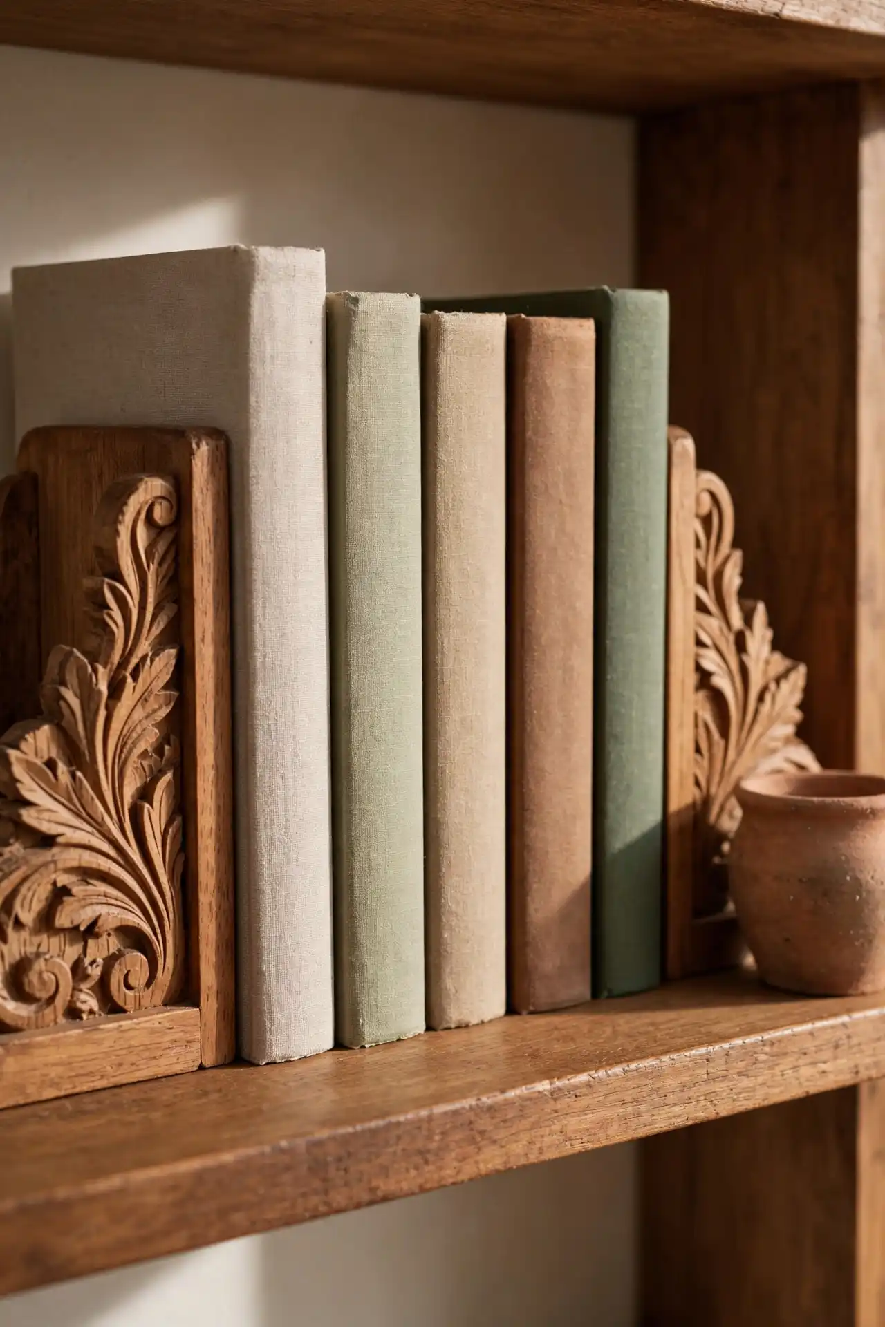 Carved Bookends and Clay Pot Shelf