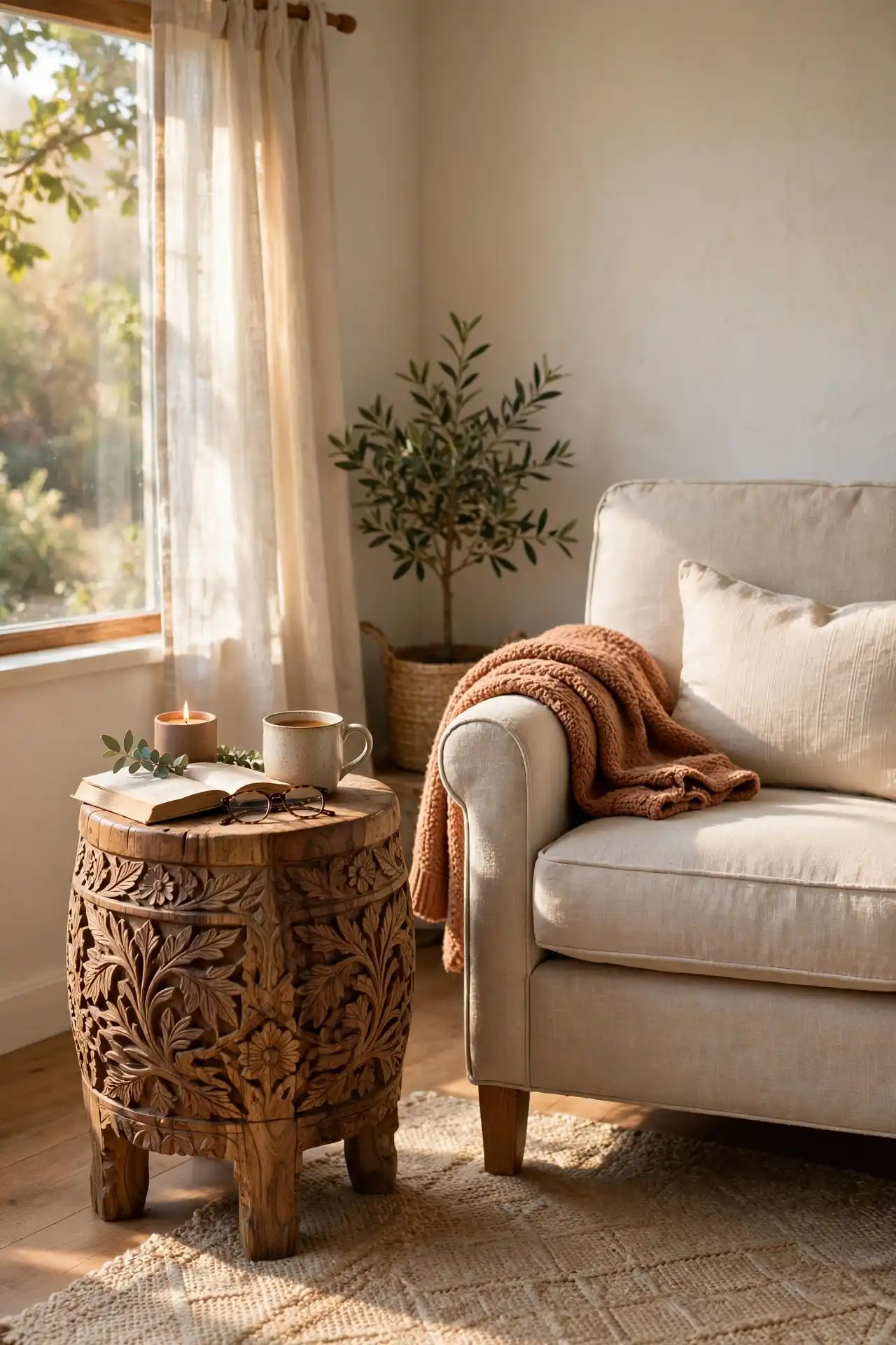 19 Afrocentric Decor Trends Taking Over in 2026 2 Carved Stool Doing Double Duty
