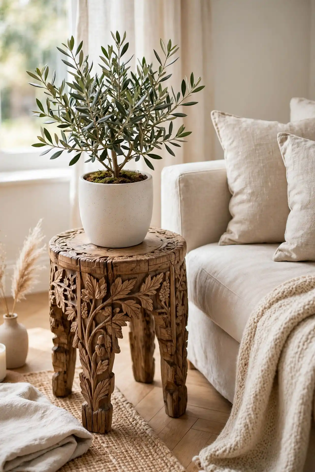 Carved Wood Stool as Accent