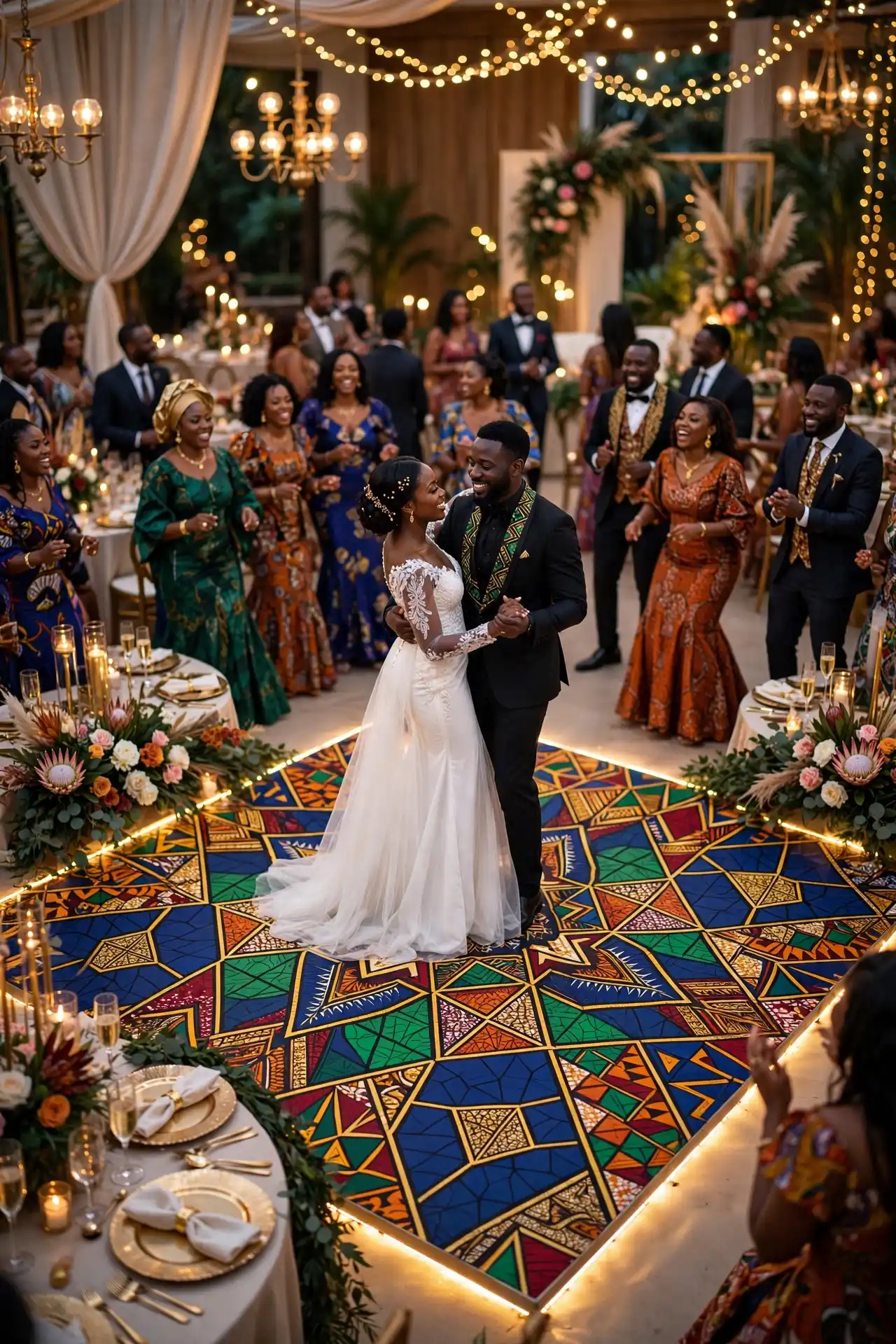 20 Afrocentric Wedding Decor Ideas for a Celebration Rooted in Heritage 21 Close the Night With a Bold Ankara Dance Floor Rug