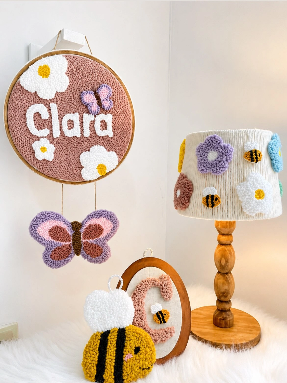 11 Punch Needle Nursery Decor Ideas You Can Make Before Baby Arrives 6 Floral Name Hoop with Butterfly