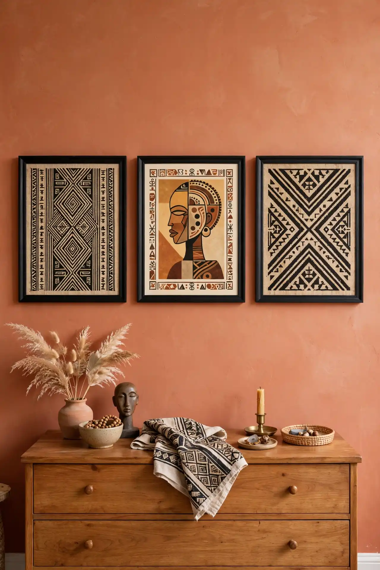 12 Dark Moody Afrocentric Bedroom Ideas for a Bold Aesthetic 12 Frame Three Pieces of African Art Instead of One Large Print