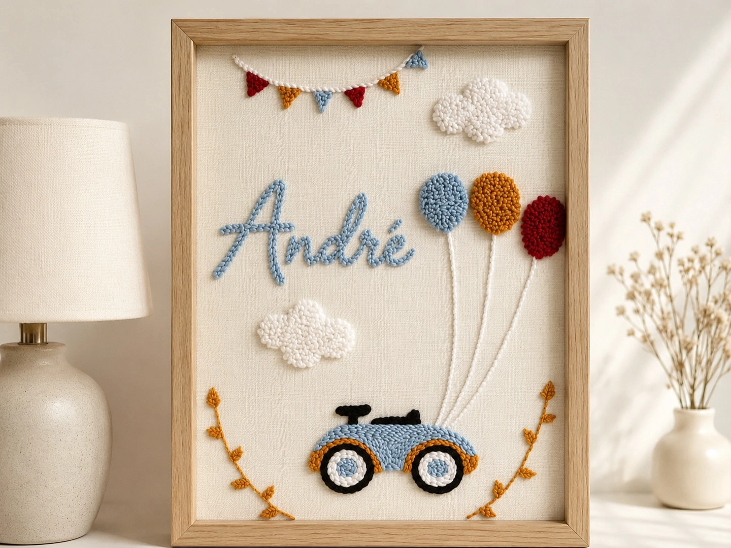 11 Punch Needle Nursery Decor Ideas You Can Make Before Baby Arrives 9 Framed Name Art with Toy Car