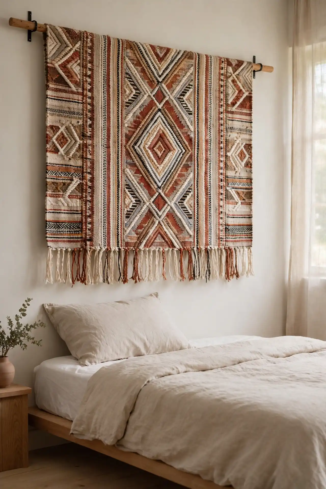 Handwoven textile above bed