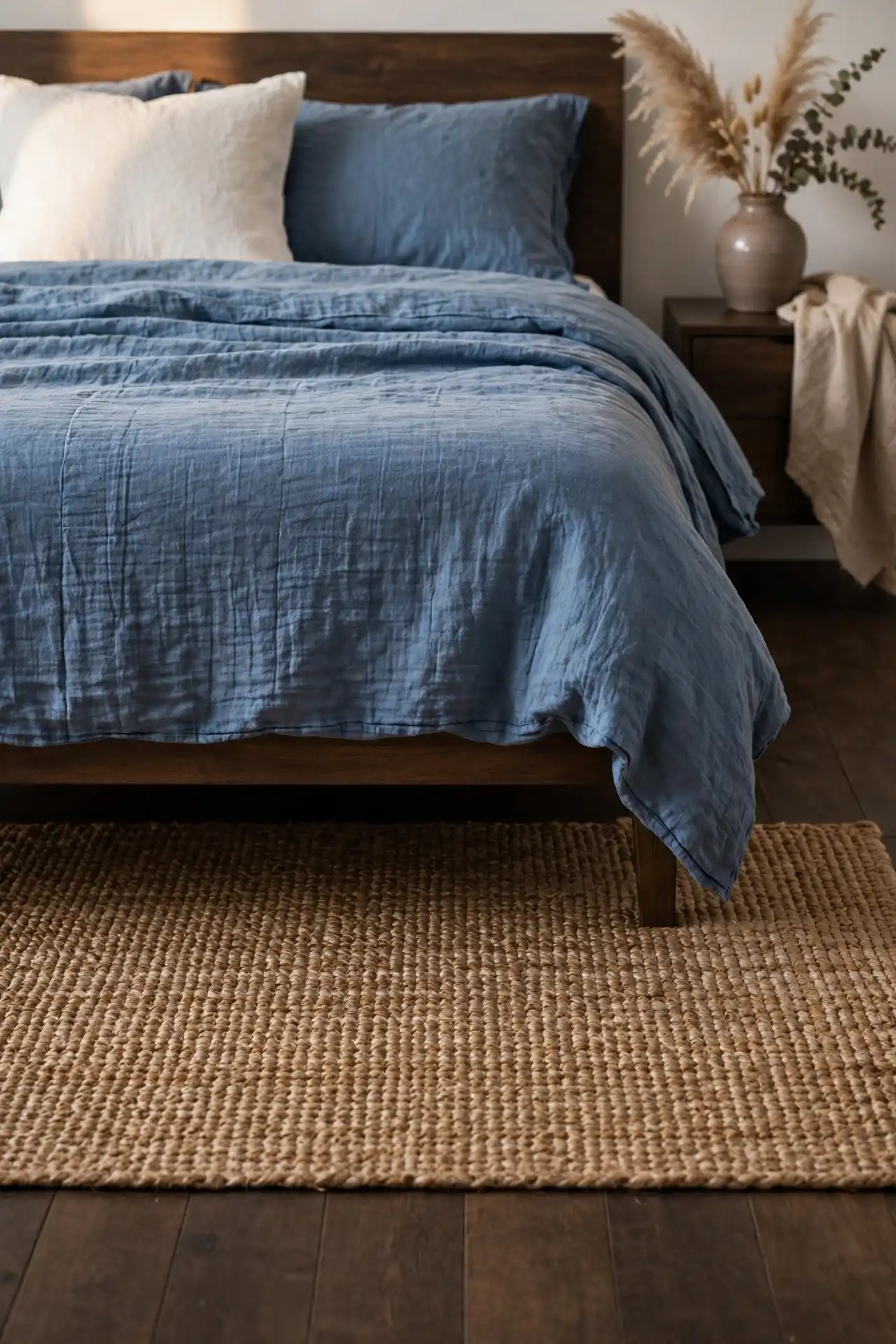 14 Afrocentric Bedroom Ideas Built for Men 13 Jute rug on dark wood floor