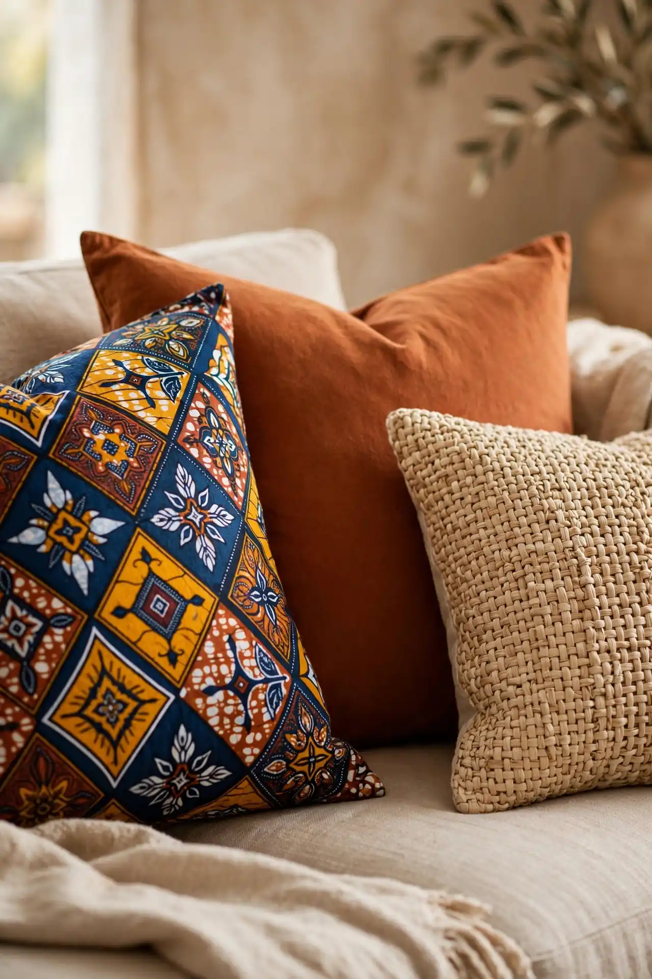 24 Afro Boho Living Room Ideas You Need to Try 5 Kente and Ankara Pillows