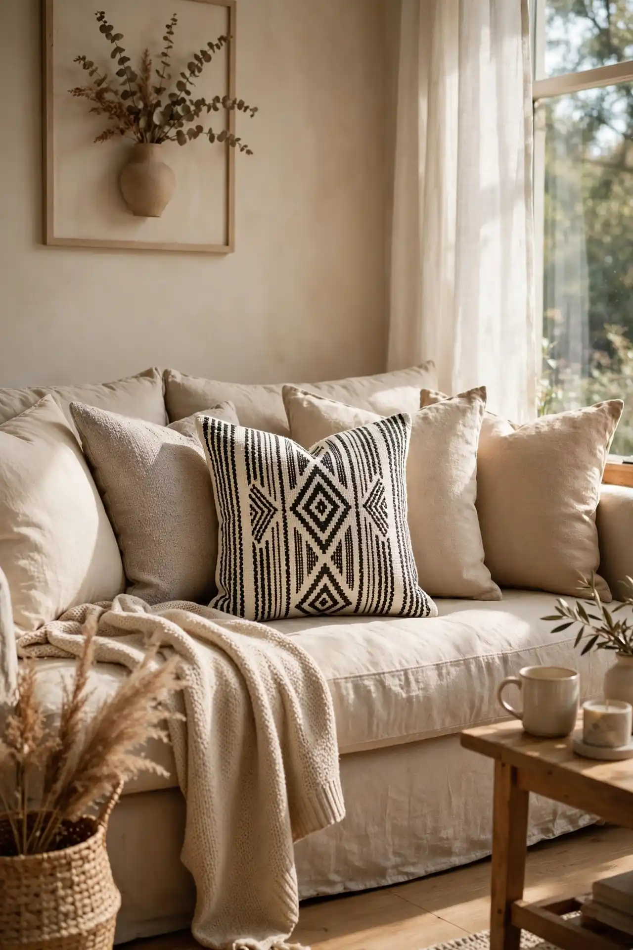 19 Afrocentric Decor Trends Taking Over in 2026 3 Mudcloth Pillows Mixed In With Plain Neutral Ones