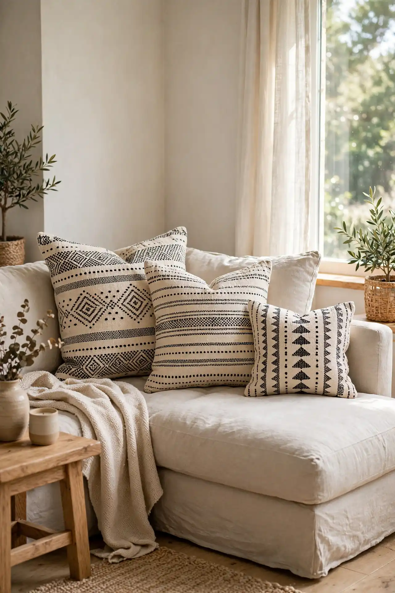 Mudcloth pillows on linen sofa