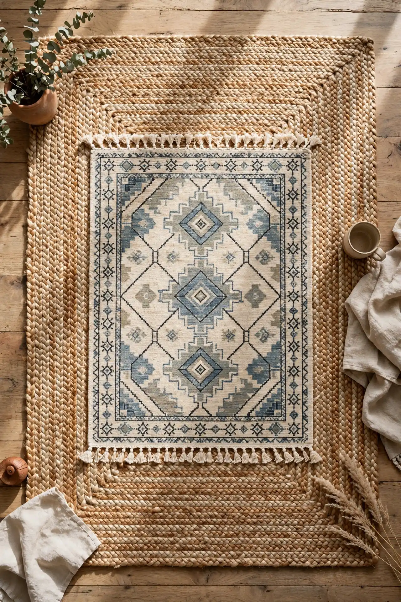 19 Afrocentric Decor Trends Taking Over in 2026 14 Natural Fiber Rugs Layered Under a Patterned Throw Rug