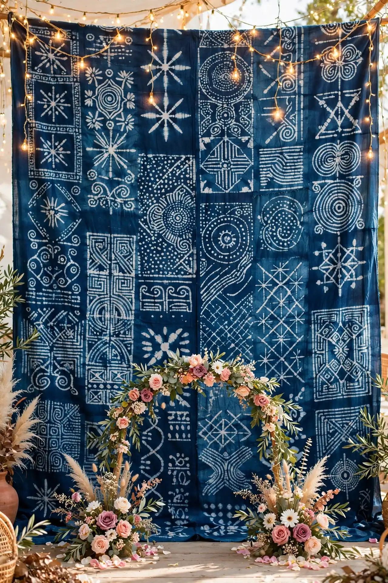 20 Afrocentric Wedding Decor Ideas for a Celebration Rooted in Heritage 10 One Bold Backdrop An Adire-Dyed Fabric Wall