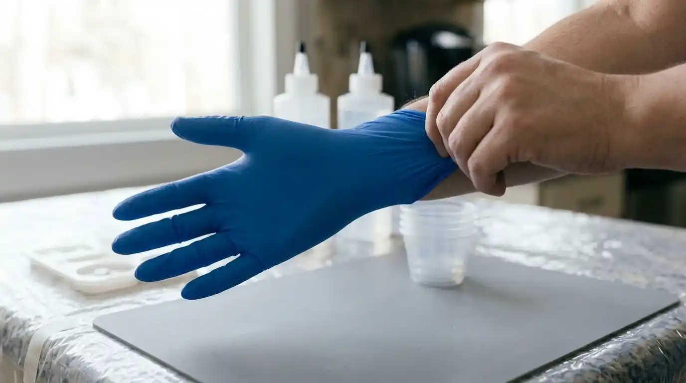 Put on protective nitrile gloves before handling resin.