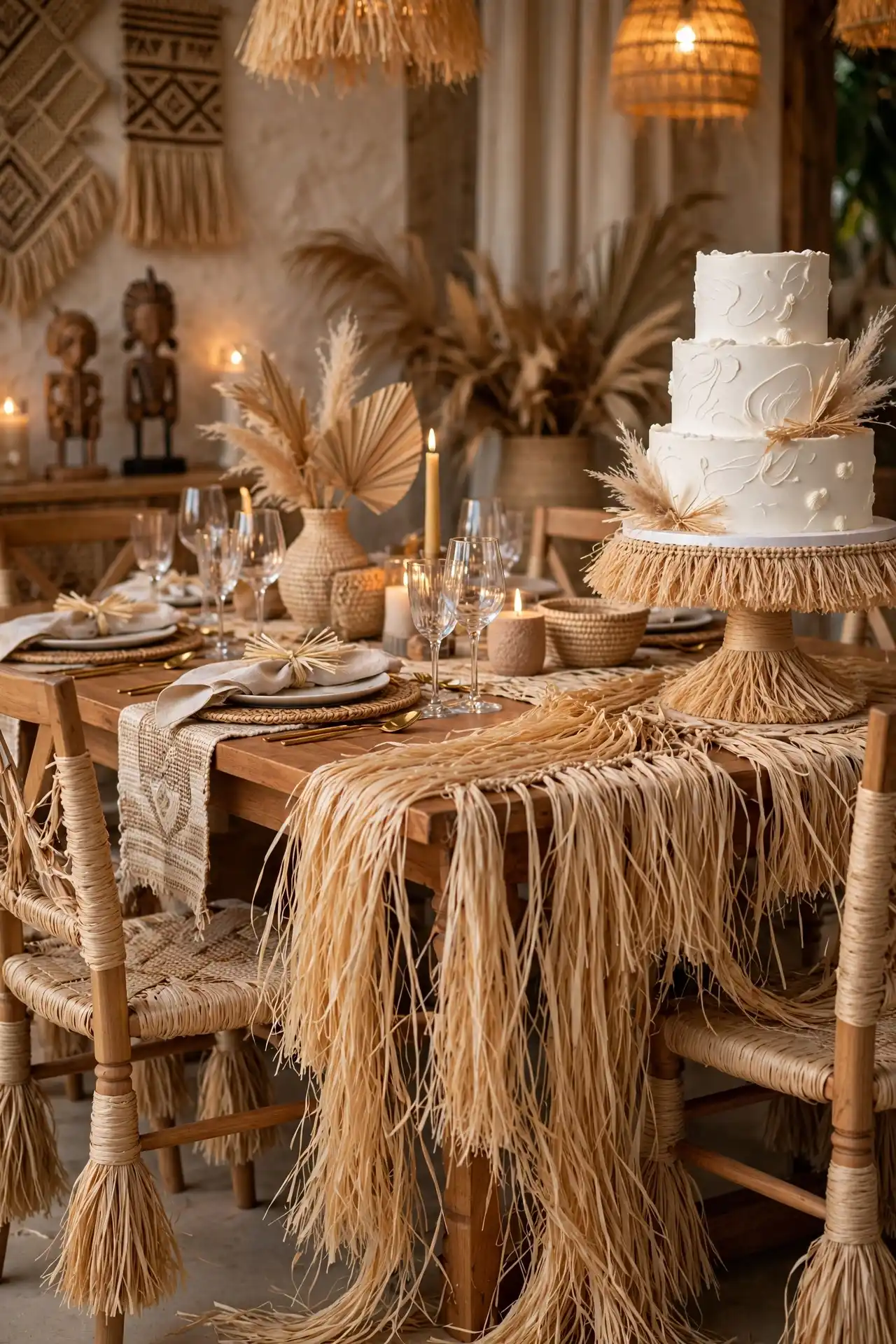 20 Afrocentric Wedding Decor Ideas for a Celebration Rooted in Heritage 17 Raffia Fringe on Chairs, Tables, or the Cake Stand