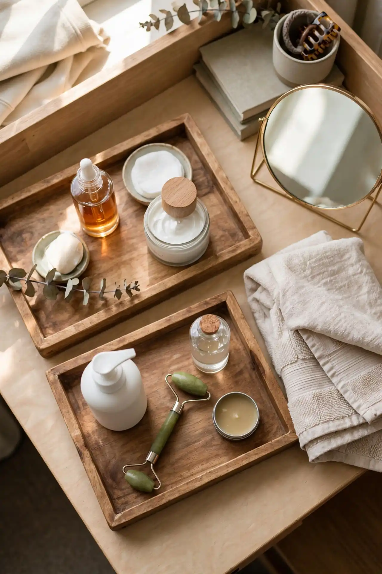 Set Up a Small Skincare Corner With Wooden Trays