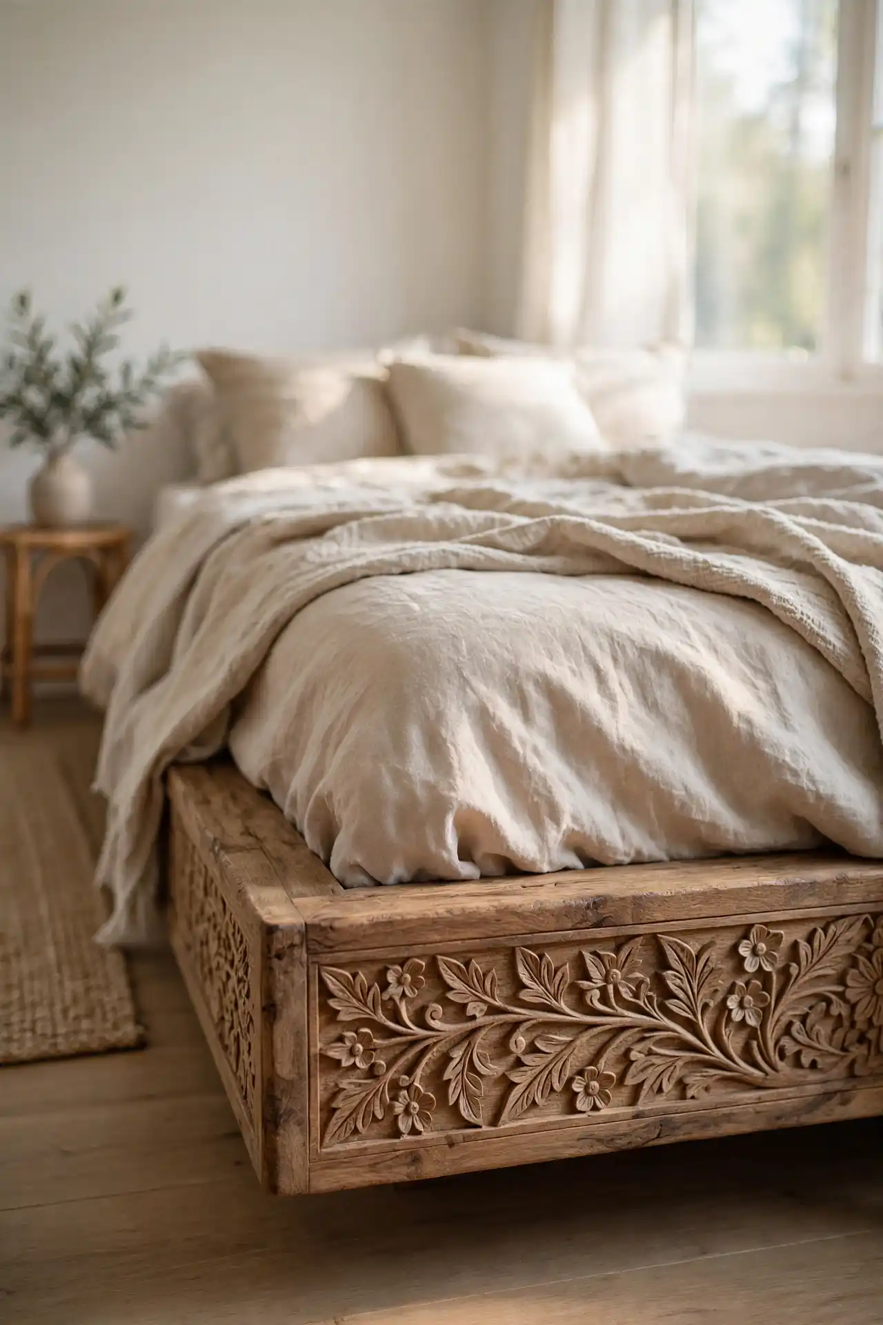 12 Dark Moody Afrocentric Bedroom Ideas for a Bold Aesthetic 4 Skip the Metal Bed Frame for a Low Carved Wood Platform