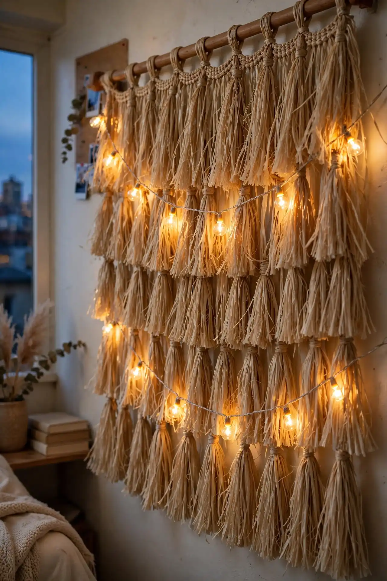 20 HBCU Dorm Room Decor Ideas That Go Beyond the Basics 8 String Lights Through a Raffia Fringe Curtain for Instant Warmth