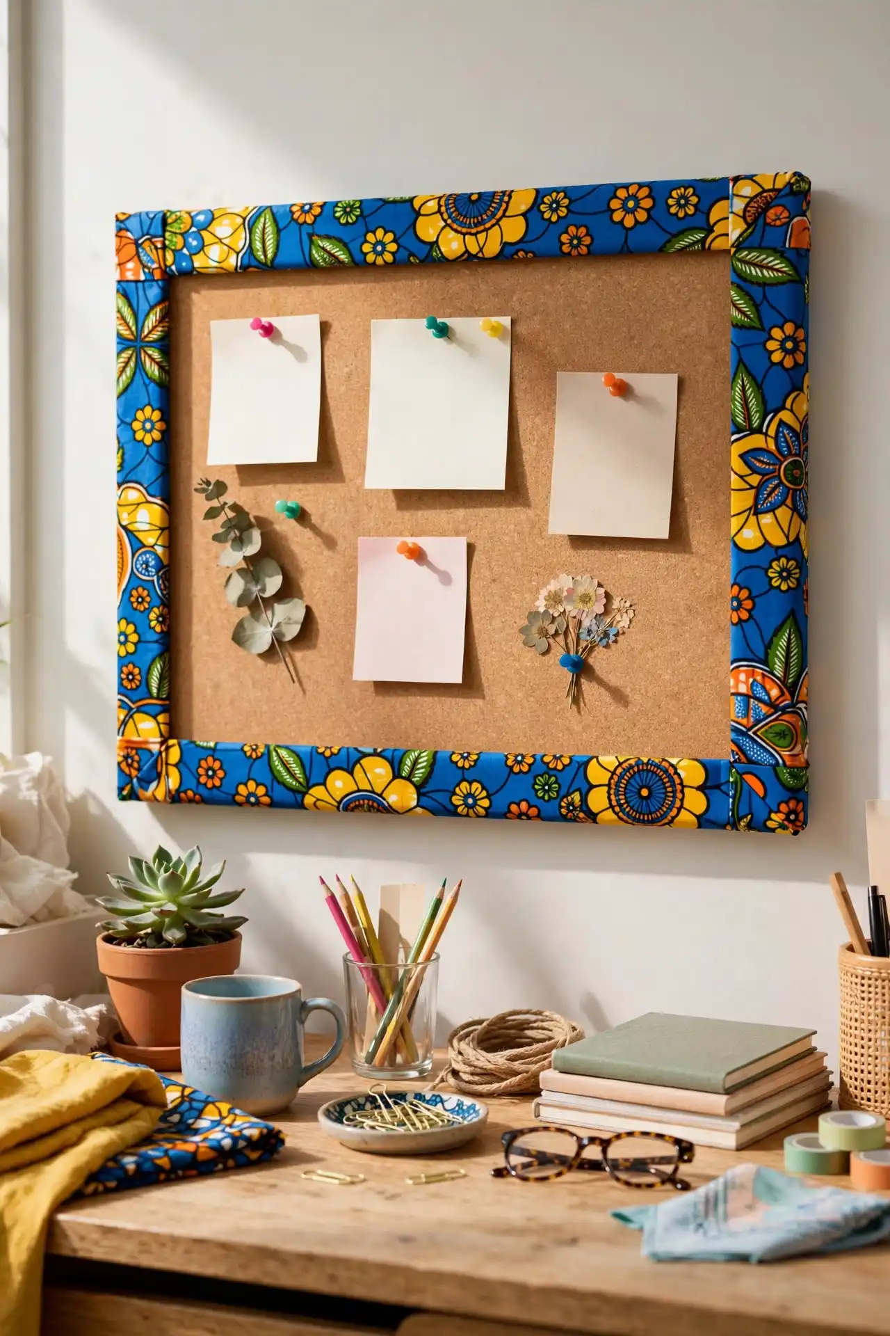 20 HBCU Dorm Room Decor Ideas That Go Beyond the Basics 18 Turn a Plain Cork Board Into a Wax Print Fabric Memo Board