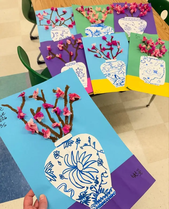 Blue and White Vase Collage with Tissue Paper Blossoms