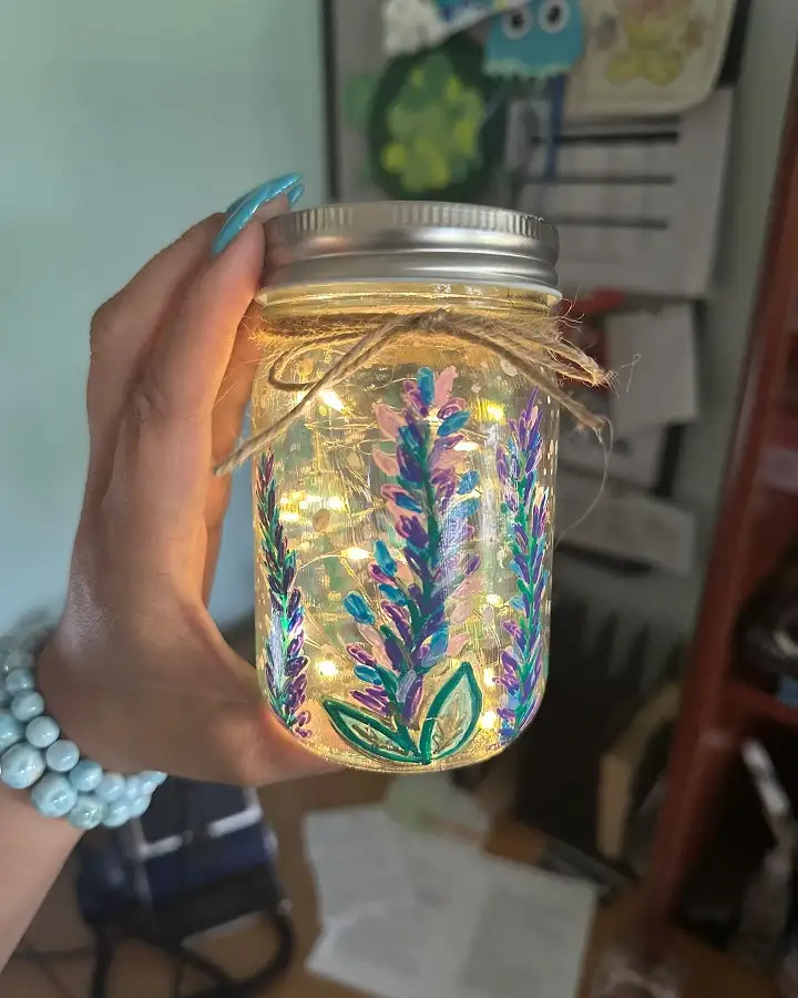 Painted Lavender Mason Jar with Fairy Lights