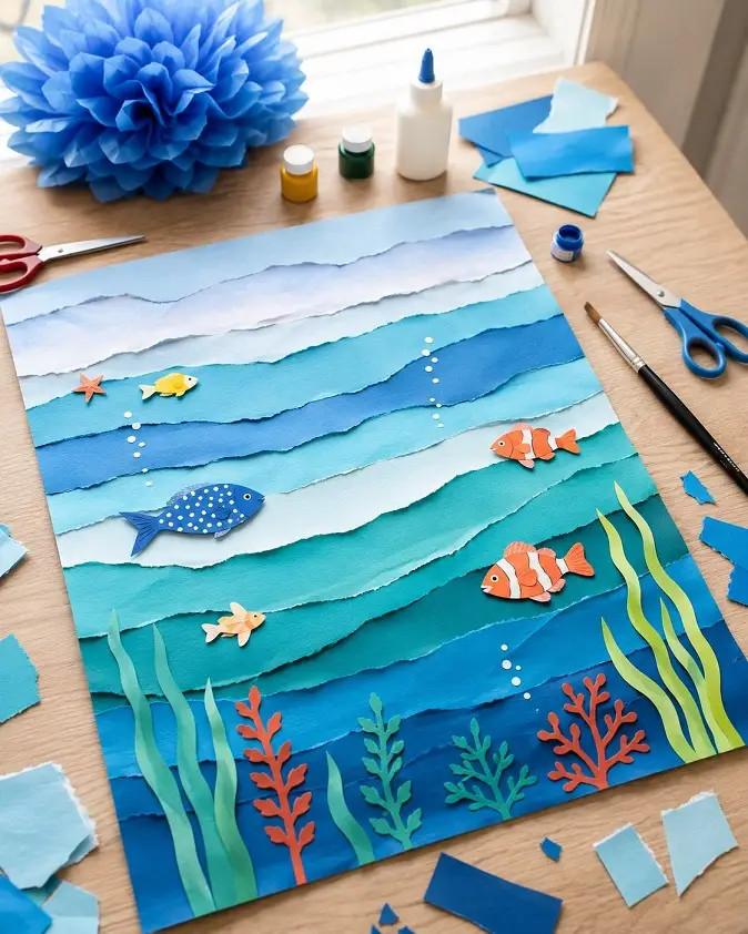 Torn Paper Ocean Collage with Layered Waves