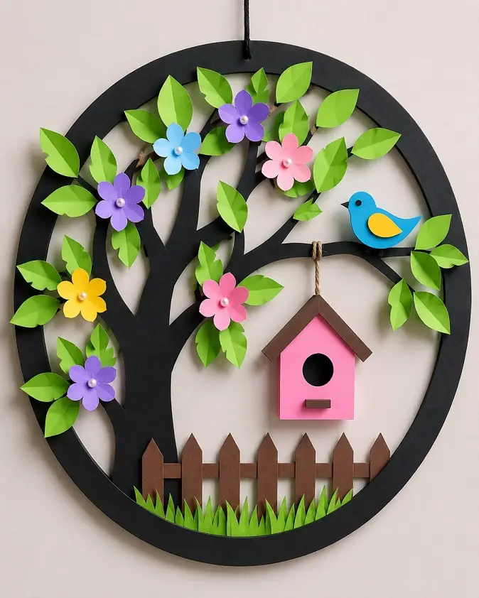 Paper Tree Wall Hoop with a Hanging Birdhouse