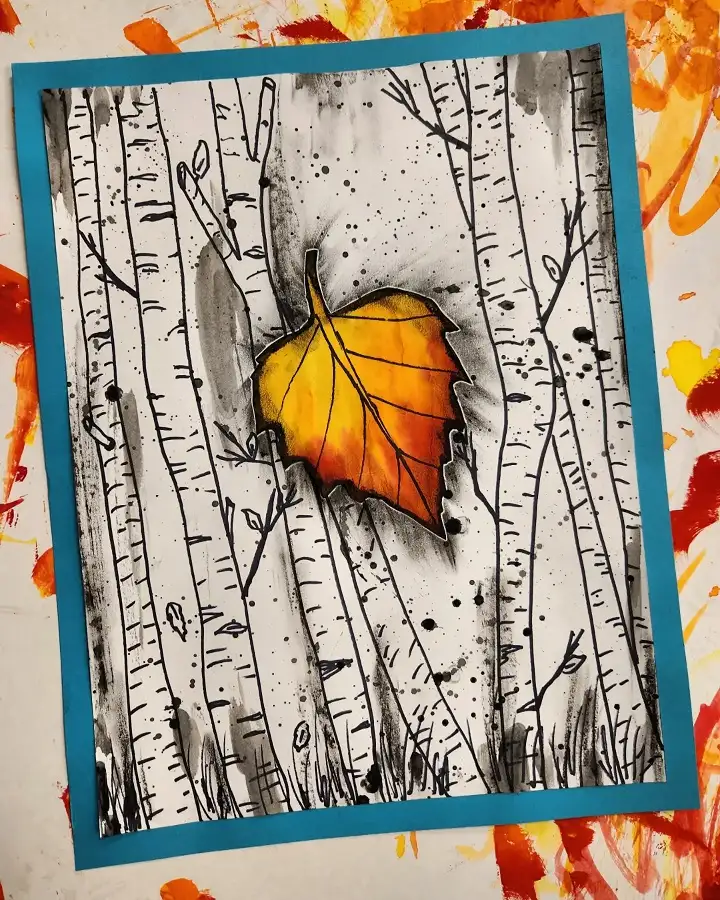 Birch Forest Ink Painting with One Autumn Leaf