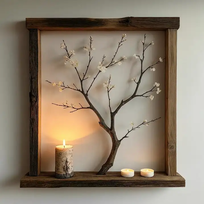 Rustic Wood Frame Shelf with a Blossom Branch
